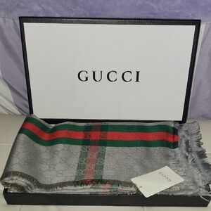 Gucci Gray Scarf with Red and Green Stripes